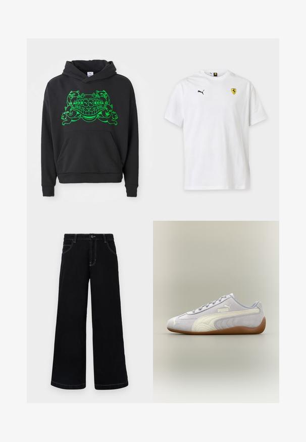 Zwarte hoodie met een groene grafische afbeelding van gestileerde katten en een lachende mond; bevat een voorste kangoeroe-pocket en ribgebreide boorden.; Wit Puma T-shirt met korte mouwen met een klein zwart Puma-logo op de linkerborst en een geel Ferrari-wapen op de rechterborst.; Zwarte wijde spijkerbroek met knoopsluiting, vijf zakken en contrasterende witte stiksels langs de naden.; Lichtgrijze Puma suède sneaker met witte streepdetail en rubberen zool, gezien vanaf de buitenkant tegen een neutrale achtergrond.