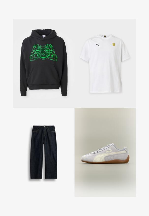 Schwarzer Hoodie mit grünem Grafikdesign, das stilisierte Katzen und einen lächelnden Mund zeigt; enthält eine Front-Kängurutasche und gerippte Bündchen.; Weißes Puma T-Shirt mit kurzen Ärmeln, das ein kleines schwarzes Puma-Logo auf der linken Brust und ein gelbes Ferrari-Wappen auf der rechten Brust zeigt.; Dunkelblaue Jeans mit geradem Bein, gelben Nähten, vorderen Taschen und Knopfverschluss in der Taille.; Hellgrauer Puma Veloursledersneaker mit weißem Streifendetail und Gummisohle, von der Außenseite vor neutralem Hintergrund betrachtet.
