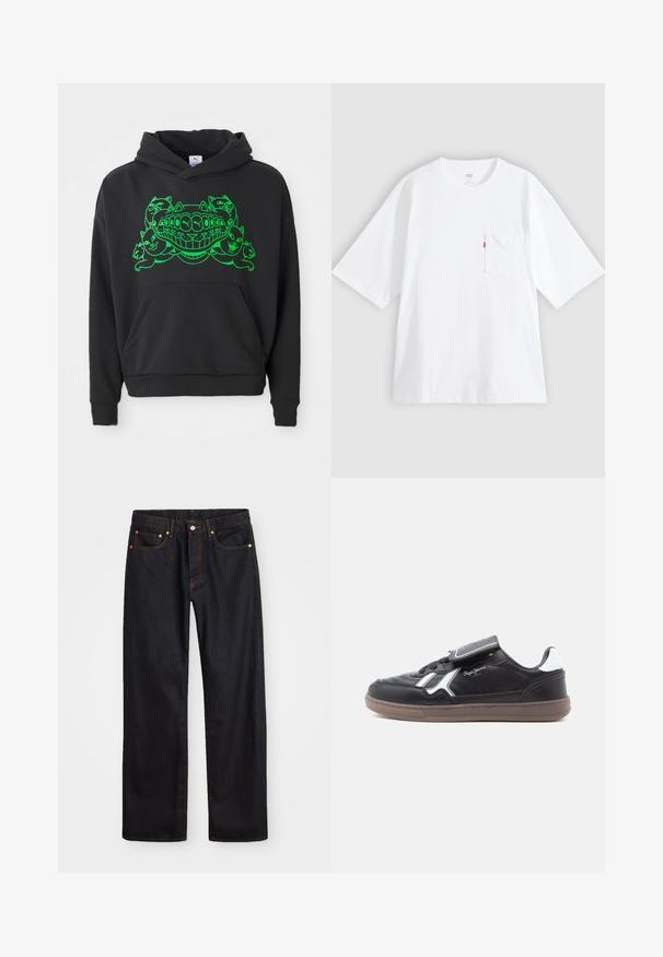 Schwarzer Hoodie mit grünem Grafikdesign, das stilisierte Katzen und einen lächelnden Mund zeigt; enthält eine Front-Kängurutasche und gerippte Bündchen.; Weißes Baumwoll-T-Shirt mit kurzen Ärmeln, rundem Ausschnitt und Brusttasche auf der linken Seite. Mit kleinem rotem Logotag an der Tasche.; Herren gerade geschnittene schwarze Jeans aus Denim mit fünf Taschen und orangefarbenen Nähten, Knopf- und Reißverschluss vorne am Bund.; Schwarzer Ledersneaker mit weißen Akzenten, strukturierten Nähten und gepolsteter Zunge. Verfügt über eine Gummisohle und ein Schnürdesign.