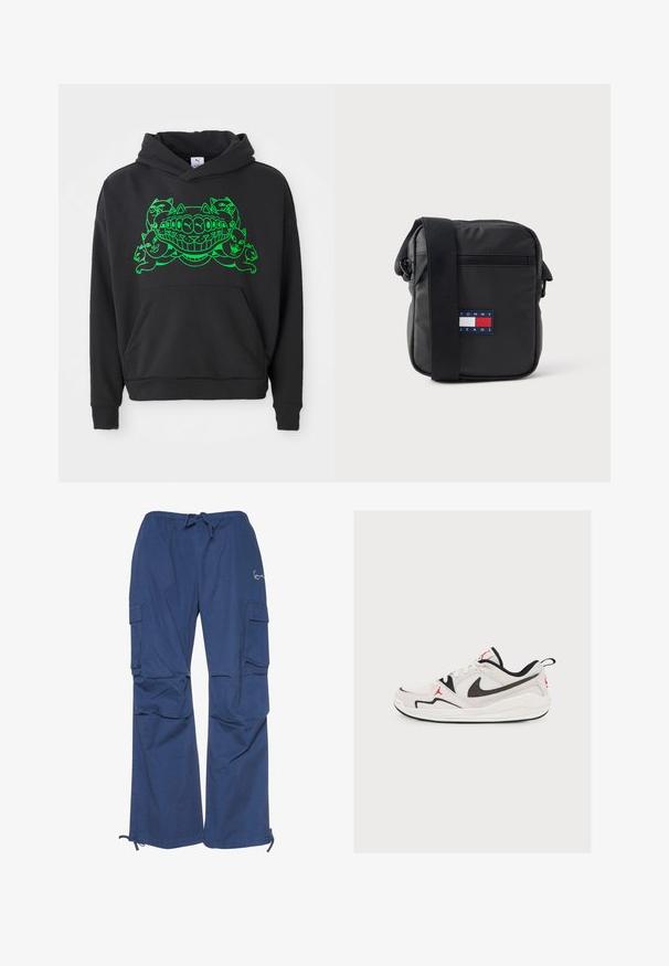 Schwarzer Hoodie mit grünem Grafikdesign, das stilisierte Katzen und einen lächelnden Mund zeigt; enthält eine Front-Kängurutasche und gerippte Bündchen.; Blaue Cargo-Hosen aus Baumwolle mit einem Kordelzugbund, zwei Seitentaschen und einer lockeren Passform mit Bündchen an den Knöcheln.; Weißer und schwarzer Nike Air Jordan Sneaker mit rotem Logo und Mesh-Gewebe auf hellem, einfachem Hintergrund.; Schwarze Umhängetasche mit vorderer Reißverschlusstasche, verstellbarem Riemen und Tommy Jeans Logo-Patch in Rot, Weiß und Blau auf der Mitte vorne.