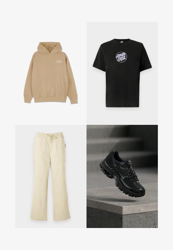 Beige hættetrøje med en frontlomme, snørelukning i hætten og ribbede manchetter og kant. Har et lille hvidt logo på venstre side.; Sort bomulds-T-shirt med korte ærmer, der har et cirkulært lilla broderet "Santa Cruz" logo på brystet. Enkel rund halsudskæring.; Beige bukser med brede ben, elastisk talje og snøre, med to foran lommer og ben i lige snit.; Sort Nike løbesko med mesh og syntetisk overdel, der svæver over en betonoverflade og trin i baggrunden.