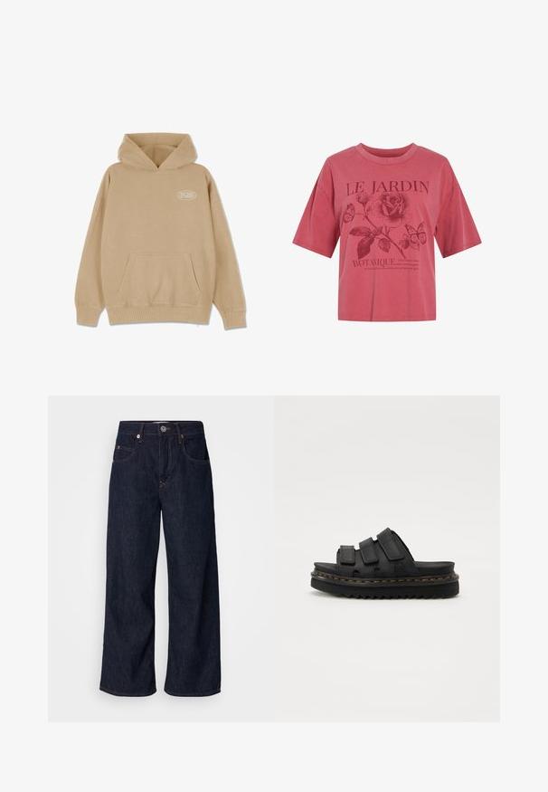Beige hættetrøje med en frontlomme, snørelukning i hætten og ribbede manchetter og kant. Har et lille hvidt logo på venstre side.; Pink kortærmet skjorte med rund hals, med en rose, to sommerfugle og teksten "LE JARDIN BOTANIQUE" samt en mindre sætning nedenunder.; Bredde denimjeans i mørkeblå, med høj talje, to forlommer, knaplukning og kontrasterende syninger.; Sorte platform sandaler med tre justerbare Velcro-stropper, tekstureret læderoverdel, tyk sort sål og kontrasterende gul syning langs kanten.