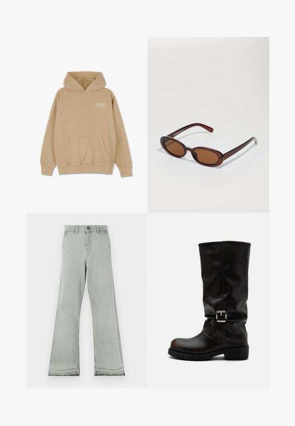 Beige hættetrøje med en frontlomme, snørelukning i hætten og ribbede manchetter og kant. Har et lille hvidt logo på venstre side.; Lysegrå flared jeans lavet af denim, med knaplukning, en lige linning og en let slidt tekstur ved kanterne.; Høj sort læderstøvle med rund tå, lav hæl, sidelukningsrem og let slapt skaft på hvid baggrund.; Runde, bruntonede solbriller med en glansfuld bordeauxramme. Slanke arme med diskret brandingdetalje. Flad linsedesign.