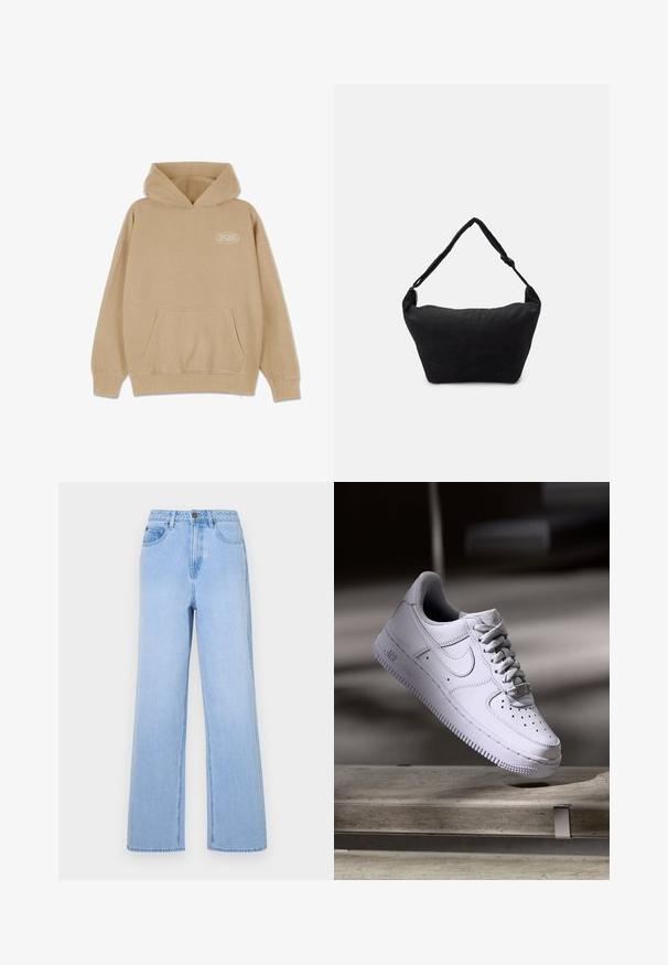Beige hættetrøje med en frontlomme, snørelukning i hætten og ribbede manchetter og kant. Har et lille hvidt logo på venstre side.; Lysblå højtaljede jeans med bred ben-design, lavet af denim. Har markante syninger og fem-lommes styling.; Hvid Nike Air Force 1 sneaker svævende over en betonoverflade med skygger i et minimalistisk miljø.; Sort stof skuldertaske med en blød tekstureret overflade, rund form og en enkelt rem. Minimalistisk design uden synligt hardware eller accenter.