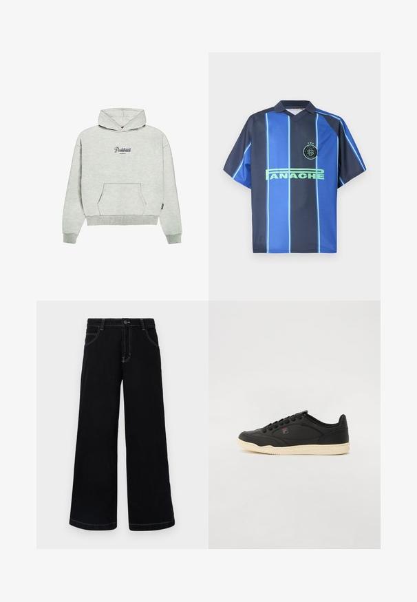 PROHIBITED GARMENT - Hoodie - greymelange; Marineblauw kort mouw jersey met lichtblauwe verticale strepen. Voorzien van een V-hals en een logo op de borst. Gemaakt van glad, lichtgewicht stof.; Zwarte wijde spijkerbroek met knoopsluiting, vijf zakken en contrasterende witte stiksels langs de naden.; Zwarte leren lage sneakers met een crèmekleurige rubberen zool, voorzien van een gestructureerd oppervlak en zwarte veters. Logo-accent bij de tong.