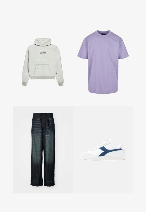 PROHIBITED GARMENT - Hoodie - greymelange; Lichtpaarse katoenen t-shirt met een ronde hals, korte mouwen en een losse pasvorm. Bevat geen zichtbare patronen of accenten.; Wijdvallende broek van donker denim met een geleidelijke vervaging. Heeft een elastische tailleband met een trekkoord. Gladde textuur met subtiele slijtagepatronen.; Witte sneaker met donkerblauwe suède accenten en rubberen zool. Voorzien van een glad leren bovenwerk en een getextureerde neuskap. Vetersluiting.