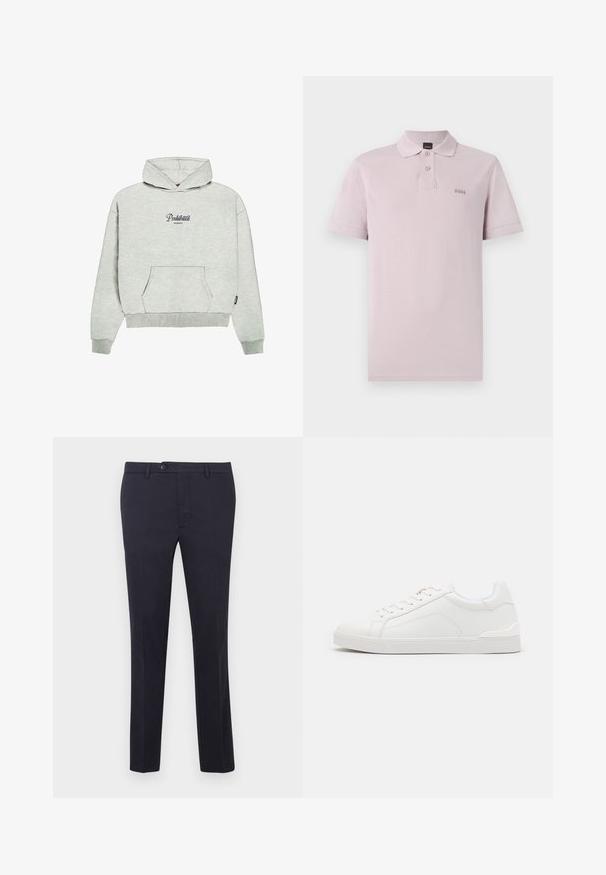 PROHIBITED GARMENT - Kapuzenpullover - greymelange; Kurzärmliges Polohemd in Helllila aus strukturiertem Stoff. Es verfügt über einen klassischen Kragen, eine zweiknöpfige Blende und ein dezentes Logo auf der Brust.; Marineblaue Baumwollhose mit geradem Schnitt, ausgestattet mit einem Knopfverschluss, Gürtelschlaufen und ohne sichtbare Muster oder Akzente.; Weiße synthetische Sneakers mit glatter Textur, runder Zehenform, Schnürung, subtilen Steppdetails und Gummisohlen. Abgerundet mit hellblauen Akzenten am Kragen.