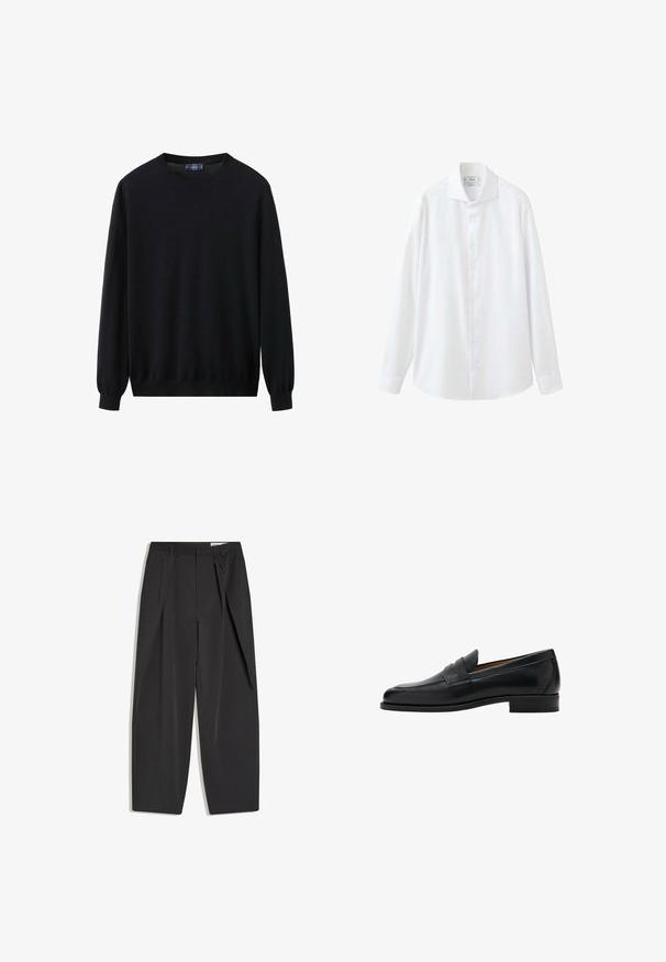 Pull noir en tissu tricoté doux. Il présente un col rond, des manches longues avec des poignets côtelés, et un ourlet droit. Design simple, sans motifs.; Chemise blanche à manches longues avec boutons, col pointu et poignets, affichée sur fond blanc.; Pantalon noir taille haute, coupé droit, avec pinces et passants de ceinture, présenté à plat sur un fond blanc.; Mocassin penny en cuir noir avec talon bas, bout arrondi et une bride sur la partie supérieure de la chaussure.