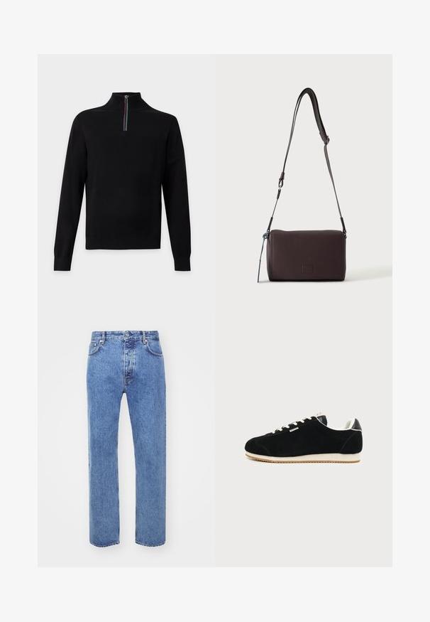 Pull noir à manches longues avec un col montant et une courte fermeture éclair avec des rayures rouges, blanches, vertes et bleues.; Won Hundred STEVE - Jean boyfriend - cut blue; Baskets en daim noir avec semelle et lacets blancs, design bas et petite étiquette logo latérale sur fond gris clair uni.; Sac bandoulière en cuir marron foncé texturé avec une sangle réglable et un petit accent décoratif bleu sur le côté.