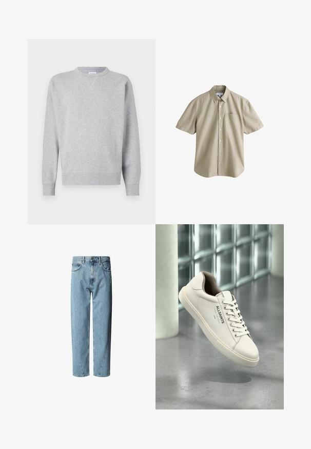 Hall grey särk, mis on valmistatud pehmest kangast, omab ümmargust kaelust, pikki varrukaid, soonikuid mansetid ning sirget allääret. Ei ole nähtavaid mustreid ega graafikat.; Beež lühikeste varrukatega nööbitav pluus rinnatasku ja nööpidega kraega, eksponeeritud valgel taustal.; Heled sinine denimist teksad lõdva lõikega, kõrge taljega, kontrastsete õmblustega ja ees vaevu nähtava kulumisega.; Valge AllSaintsi tennisejalanõu paelte, logoga ja jaapani tekstiga, mis ripub poleeritud betoonpõranda kohal ning mille taustal on härmas klaasplokid.