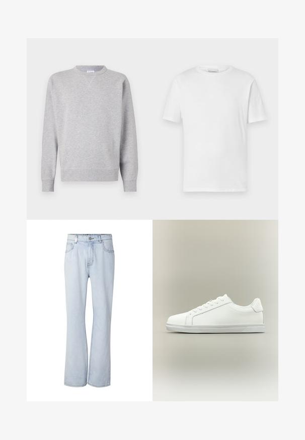 Grå sweatshirt lavet af blødt stof, med rund halsudskæring, lange ærmer, ribbede manchetter og lige kant. Ingen synlige mønstre eller grafik.; Hvid kortærmet t-shirt lavet af bomuld. Har en rund halsudskæring og lige kant. Ingen mønstre eller udsmykninger. Enkel design.; Lyseblå cowboybukser med høj talje, forlommer, knaplukning og let udvidede ben på hvid baggrund.; Lavtop hvid sneaker med snørelukning foran og tekstureret gummisål mod en ensartet neutral baggrund.