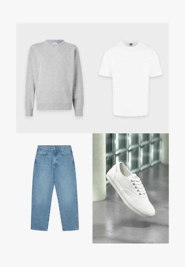 Grå sweatshirt lavet af blødt stof, med rund halsudskæring, lange ærmer, ribbede manchetter og lige kant. Ingen synlige mønstre eller grafik.; Enkelt hvid kortærmet T-shirt med rund hals i bomuld vist på en lys grå baggrund.; Lyseblå denimjeans med lige ben, fem-lomme design og en let falmet struktur. Indeholder knap- og lynlåslukning.; Hvid lavtop lærredssneaker med snørebånd, mærket Tommy Hilfiger, vist svævende over en glat grå gulv nær en væg af glasblokke.