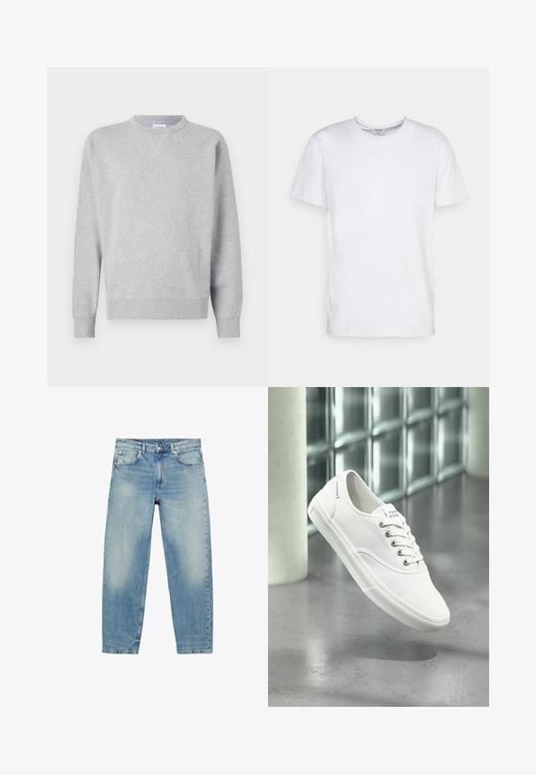 Grau Sweatshirt aus weichem Stoff, mit Rundhalsausschnitt, langen Ärmeln, gerippten Bündchen und geradem Saum. Keine sichtbaren Muster oder Grafiken.; Weißes T-Shirt mit kurzen Ärmeln aus Baumwolle. Es hat einen runden Halsausschnitt und eine lockere Passform ohne sichtbare Muster oder Akzente.; Blue Jeans mit geradem Bein, vorderen Taschen und Gürtelschlaufen, die leichte Verblassungen an Oberschenkeln und Knien zeigen.; Weißer niedriger Canvas-Sneaker mit Schnürsenkeln, beschriftet mit Tommy Hilfiger, schwebt über einem glatten grauen Boden nahe einer Glasbausteinwand.