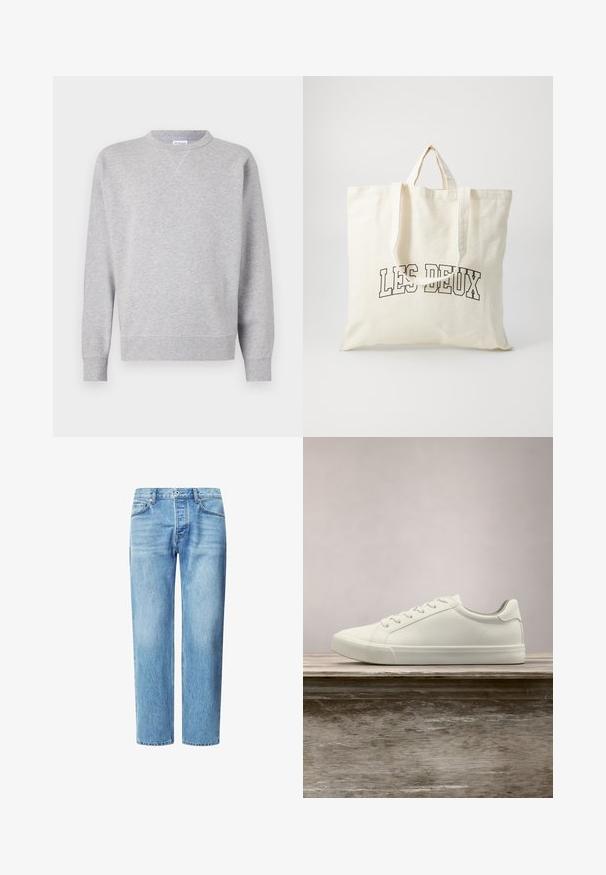 Grau Sweatshirt aus weichem Stoff, mit Rundhalsausschnitt, langen Ärmeln, gerippten Bündchen und geradem Saum. Keine sichtbaren Muster oder Grafiken.; Helle blaue Denim-Jeans mit geradem Schnitt, fünf Taschen und klassischem Knopf- und Reißverschluss. Dezente, verblichene Textur im gesamten Stoff.; Weiße Schnürsneaker, die über einer Holzbank mit grünem Laub im Hintergrund schweben und das Schuhdesign sowie die Textur zeigen.; Leinene Tragetasche in Off-White, mit kurzen Henkel und dem aufgedruckten Text "LES DEUX" in fetten schwarzen Buchstaben. Strapazfähiges, schlichtes Design.