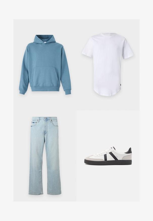 Blå bomulds hoodie med en frontlomme, lange ærmer og hætte med snor. Glat tekstur og ribbede manchetter ved kanten og ærmerne.; Hvid kortærmet t-shirt lavet af bomuld. Rund halsudskæring med en buet kant. Etiket synlig på nederste venstre side. Glat tekstur.; Lyseblå denimjeans med en løs, bred bendesign. Har fem lommer, bæltestropper og en lynlås med knaplukning.; Hvide sneakers med sorte og grå detaljer, med en tekstureret grå tåhætte, sort gummisål og flade hvide snørebånd. Rent design, minimalistisk stil.