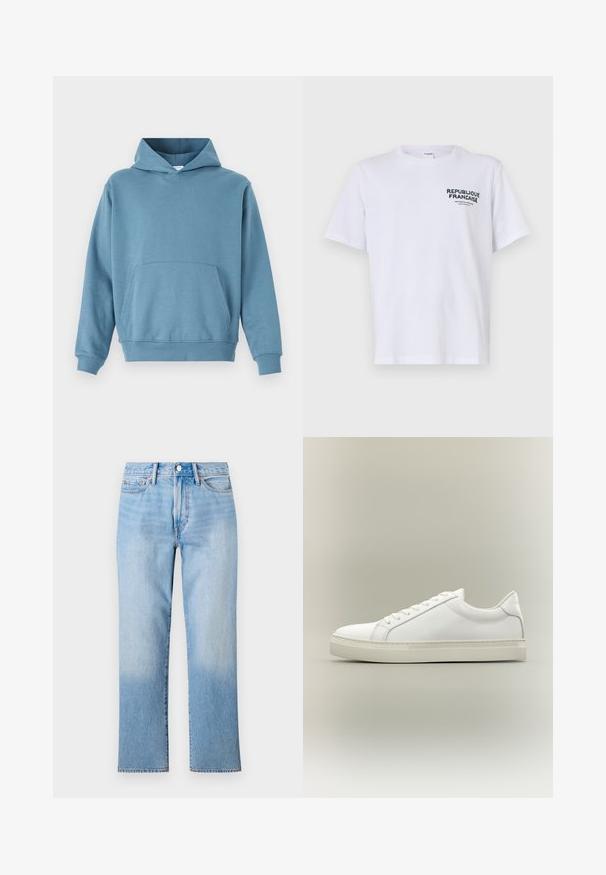 Blå bomulds hoodie med en frontlomme, lange ærmer og hætte med snor. Glat tekstur og ribbede manchetter ved kanten og ærmerne.; Hvid bomulds T-shirt med korte ærmer og rund hals. Printet på venstre bryst siger "REPUBLIQUE FRANCAISE" i mørkegrøn tekst.; Lys blå denim jeans med lige ben-design, der har en falmet vask, standard fem-lomme styling og en klassisk knaplukning.; Hvid lavtop sneaker med snørebånd foran og tyk sål, vist fra siden mod en neutral baggrund.