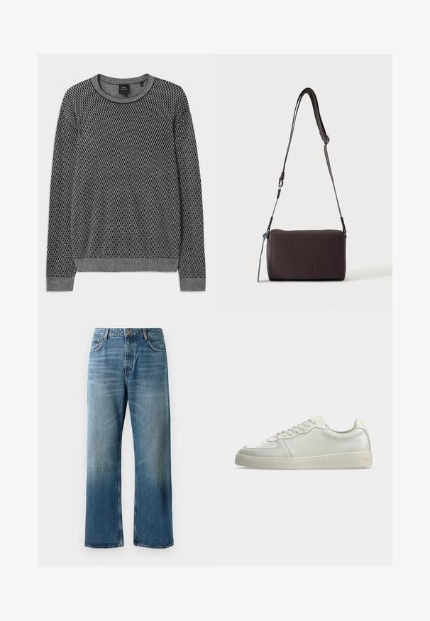 Pull en tricot gris avec un motif texturé, encolure arrondie et poignets côtelés. Fabriqué à partir d'un matériau doux et léger.; Jeans oversize bleu clair avec un délavage, featuring une fermeture à un bouton, cinq poches et des coutures contrastées.; Basket basse en cuir blanc avec fermeture à lacets et semelle en caoutchouc blanc cassé, vue de profil sur un fond uni.; Sac bandoulière en cuir marron foncé texturé avec une sangle réglable et un petit accent décoratif bleu sur le côté.