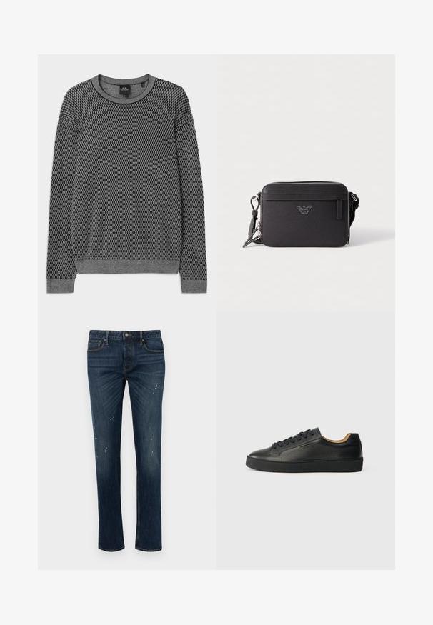 Grå strikket sweater med et tekstureret mønster, rund halsudskæring og ribbede manchetter. Lavet af et blødt, let materiale.; Mørkeblå slim-fit jeans med let falming og små hvide malingssprøjt, med fem lommer og knaplukning.; Sorte lavtop lædersneakers med tekstureret overflade, sorte snørebånd og tyk gummisål, vist fra siden på en lys baggrund.; Sort tekstil crossover-taske med lynlåslukning, der har en frontlomme, logo-detalje og justerbar rem. Tekstureret overflade, rektangulær form.