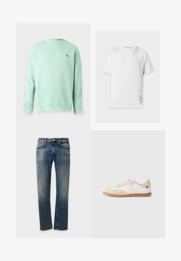 Sweat-shirt vert clair à manches longues avec encolure ronde et petit logo zèbre brodé sur la poitrine gauche.; T-shirt blanc uni à manches courtes avec un col rond et une petite étiquette rectangulaire portant le texte de la marque près de l'ourlet inférieur du côté droit.; Jean en denim bleu délavé à coupe droite, avec fermeture avant par bouton et zip, poches avant et arrière, et détails subtilement usés.; Baskets blanches avec accents en daim beige clair, détails perforés, lacets plats et semelle en caoutchouc naturel. Présentent un logo rayé sur le talon.