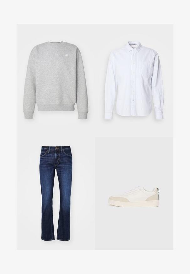 Grijze sweatshirt met ronde hals, gemaakt van fleece, voorzien van ribgebreide boorden en onderrand, met een klein wit logo op de borst.; Witte langwerpige shirt met lichtblauwe verticale strepen. Knoopsluiting met een enkele borstzak en een klein merklabel op de zak.; Donkerblauwe spijkerbroek met een rechte pijp, voorzien van vijf zakken, een knoopsluiting en subtiele vervaging aan de voorkant.; Witte sneaker met beige suède accenten, platte veters en een gemêleerde rubberen zool. Inclusief een groene lusdetail op de hak.