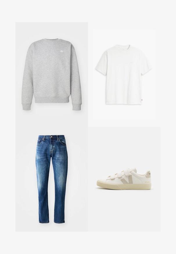 Sudadera gris de cuello redondo hecha de material de felpa, con puños y dobladillo acanalados, y un pequeño logotipo blanco en el pecho.; Camiseta de algodón blanca con mangas cortas, cuello redondo y un sutil logo "Levi's" impreso en color claro en la parte frontal.; Jeans de mezclilla azul oscuro con corte recto, cinco bolsillos, detalles desgastados y cierre frontal con botón y cremallera.; Zapatillas de cuero blancas con correas de Velcro, acentos beige, punta redondeada, suela de goma texturizada y logo en relieve. Diseño minimalista.