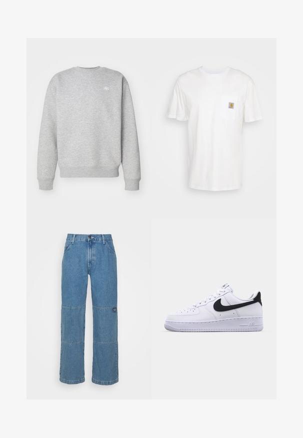 Grijze sweatshirt met ronde hals, gemaakt van fleece, voorzien van ribgebreide boorden en onderrand, met een klein wit logo op de borst.; Witte katoenen t-shirt met korte mouwen, een borstzak en een klein vierkant logo-opdruk in oranje en wit op de zak.; Lichtblauwe denim jeans met een relaxed fit, voorzien van patchworkpanelen, bovenste knoopsluiting, vijf-pocket ontwerp en subtiele branding op het been.; Witte leren sneaker met een gestructureerde zwarte Swoosh, platte veters en een rubberen zool met een geribbeld patroon. "AIR" is in de hak geperst.