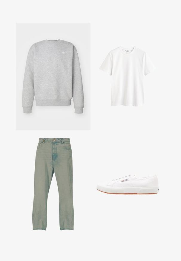 Grijze sweatshirt met ronde hals, gemaakt van fleece, voorzien van ribgebreide boorden en onderrand, met een klein wit logo op de borst.; Effen witte T-shirt met korte mouwen en een ronde hals, met een klein merkje in de kraag.; Lichtblauwe rechte jeans met knopen aan de voorkant, riemlussen en voorzakken, weergegeven tegen een witte achtergrond.; Witte canvas sneakers met een rubberen zool, vetersluiting en een klein logolabel aan de zijkant. Gewreven wit bovenwerk en een bruine zool.