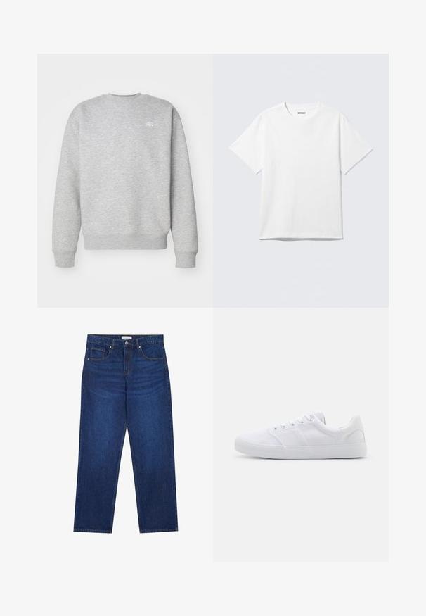 Hallide halliga fliiskangast hall crewneck-sviiter, millel on ribatud varrukasuud ja allääred, ning väikene valge logo rinnal.; Valge lühikeste varrukatega ümarakaelusega T-särk, laotatud sirgelt, ühevärviline disain, krae siseküljel "WEEKDAY" silt heledal taustal.; Tumed sinised teksad otse jalgadega, mis sisaldavad nupuklappi ja lukku, viit taskut ning nähtavaid õmbluse detaile.; Valged kangast dressikingad kummist tallaga, kuue paelakohaga, tekstureeritud varbakattega ja minimalistliku disainiga.