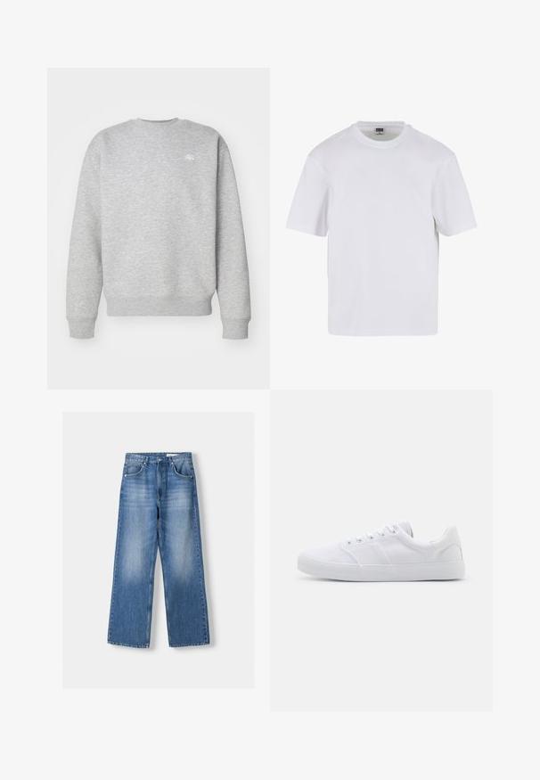 Grå crewneck sweatshirt lavet af fleece-materiale, med ribbede manchetter og kant, samt et lille hvidt logo på brystet.; Hvid kortærmet t-shirt lavet af bomuld. Har en rund halsudskæring og en afslappet pasform. Glat tekstur, minimalistisk design, ingen mønstre eller accenter.; Lyseblå denim brede bukser med høj talje, der har fem lommer og en falmet vask, syet kant og metalknaplukning.; Hvide lærreds sneakers med gummisål, der har seks snørehuller, en struktureret tåkap og et minimalistisk design.