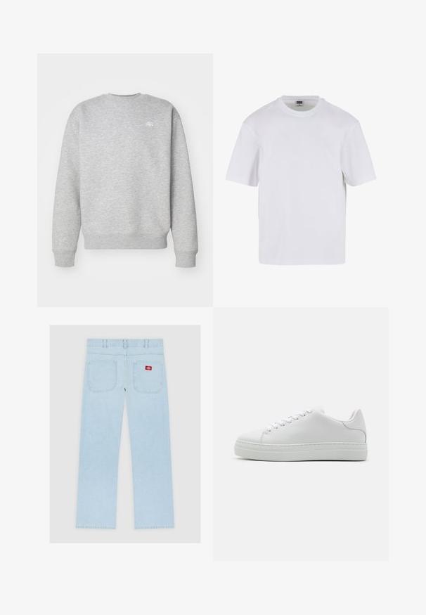Sudadera gris de cuello redondo hecha de material de felpa, con puños y dobladillo acanalados, y un pequeño logotipo blanco en el pecho.; Camiseta blanca de manga corta hecha de algodón. Presenta un cuello redondo y un ajuste holgado. Textura suave, diseño minimalista, sin patrones ni adornos.; Vaqueros de mezclilla azul claro de corte recto vistos desde atrás, con dos bolsillos de parche y una etiqueta de logo rojo en el bolsillo derecho.; Zapatilla de cuero blanca con suela de plataforma gruesa, punta redonda y seis ojetes. Textura suave con detalles de costura sutiles.