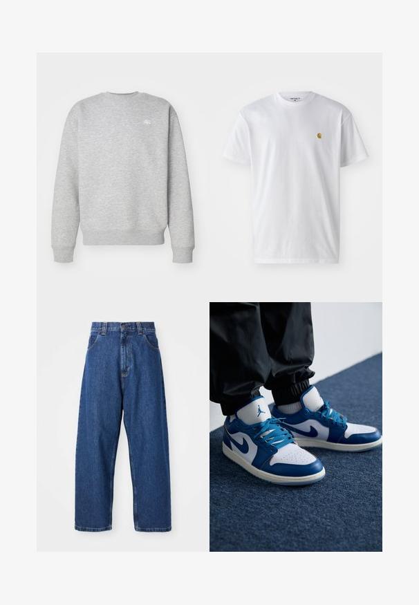 Grijze sweatshirt met ronde hals, gemaakt van fleece, voorzien van ribgebreide boorden en onderrand, met een klein wit logo op de borst.; Witte katoenen t-shirt met korte mouwen en ronde hals, voorzien van een klein gouden logo op de linkerkant van de borst. Zachte textuur en een normale pasvorm.; Denim wijde broek in donkerblauw. Kenmerken zijn een hoge taille, riemlussen en een klassiek vijf-pocket ontwerp. Gestikte zoom met een schone afwerking.; Nike Air Jordan sneakers hebben een witte leren basis met blauwe synthetische accenten, een geperforeerde neusdoos en blauwe veters.