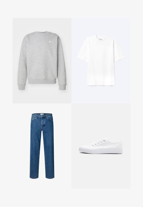 Sudadera gris de cuello redondo hecha de material de felpa, con puños y dobladillo acanalados, y un pequeño logotipo blanco en el pecho.; Camiseta lisa blanca de manga corta y cuello redondo con un corte relajado, mostrada sobre un fondo claro.; Vaqueros azul de corte recto con cierre de botón y cremallera, trabillas para el cinturón y diseño de cinco bolsillos.; Zapatilla baja de lona blanca con cordones blancos, suela de goma y ojales metálicos, mostrada desde el lado externo sobre un fondo liso.