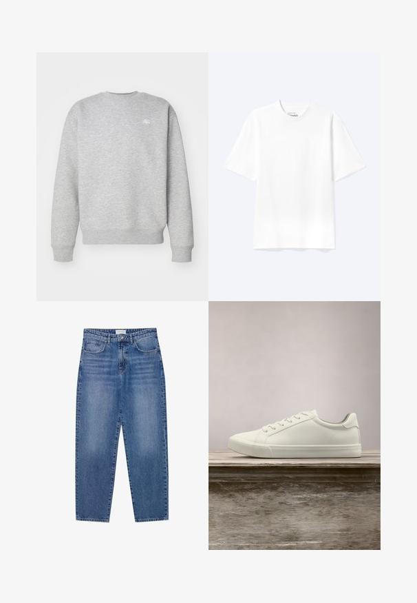 Sudadera gris de cuello redondo hecha de material de felpa, con puños y dobladillo acanalados, y un pequeño logotipo blanco en el pecho.; Camiseta lisa blanca de manga corta y cuello redondo con un corte relajado, mostrada sobre un fondo claro.; Vaqueros de mezclilla azul con un diseño de cintura alta y pierna recta, en acabado desgastado. Presenta cinco bolsillos y un cierre de botón.; Zapatilla blanca con cordones flotando sobre un banco de madera con follaje verde al fondo, mostrando el diseño y la textura del zapato.