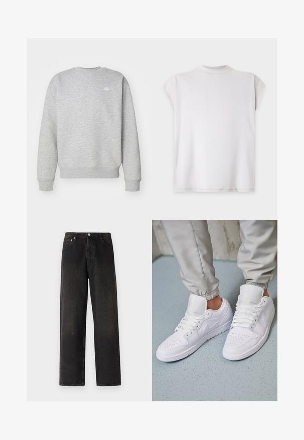 Sudadera gris de cuello redondo hecha de material de felpa, con puños y dobladillo acanalados, y un pequeño logotipo blanco en el pecho.; Camiseta blanca lisa de manga corta con cuello redondo, presentada plana sobre un fondo claro.; Jeans de denim negro con un diseño de pierna recta, que cuentan con un estilo de cinco bolsillos, botón de latón y sutiles variaciones en la textura de la tela.; Las zapatillas deportivas de cuero blanco cuentan con una caja de dedos perforada, cordones planos, un cuello acolchado y el logo de Jordan en la lengüeta. Las llevan puestas con pantalones joggers grises.