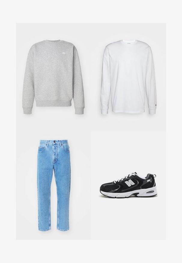 Sudadera gris de cuello redondo hecha de material de felpa, con puños y dobladillo acanalados, y un pequeño logotipo blanco en el pecho.; Camiseta blanca de manga larga hecha de algodón. Diseño de cuello redondo con puños acanalados y un pequeño logo en la manga izquierda. Textura suave.; Los vaqueros de mezclilla azul claro presentan un diseño de pierna recta, cinco bolsillos y un clásico cierre de botón en la cintura.; Zapatillas deportivas en negro y gris con parte superior de malla y ante, que cuentan con una entresuela blanca, cordones y un llamativo logo "N" en el lateral.