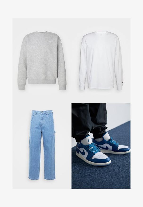 Grå crewneck sweatshirt lavet af fleece-materiale, med ribbede manchetter og kant, samt et lille hvidt logo på brystet.; Hvid langærmet T-shirt lavet af bomuld. Rund halsudskæring med ribbede manchetter og et lille logo på venstre ærme. Glat tekstur.; Lyseblå denim cargo bukser med lige ben, forlommer og sidelommer. Stofstrukturen er glat med en let falmet overflade.; Nike Air Jordan sneakers har en hvid læderbase med blå syntetiske detaljer, en perforeret tåboks og blå snørebånd.