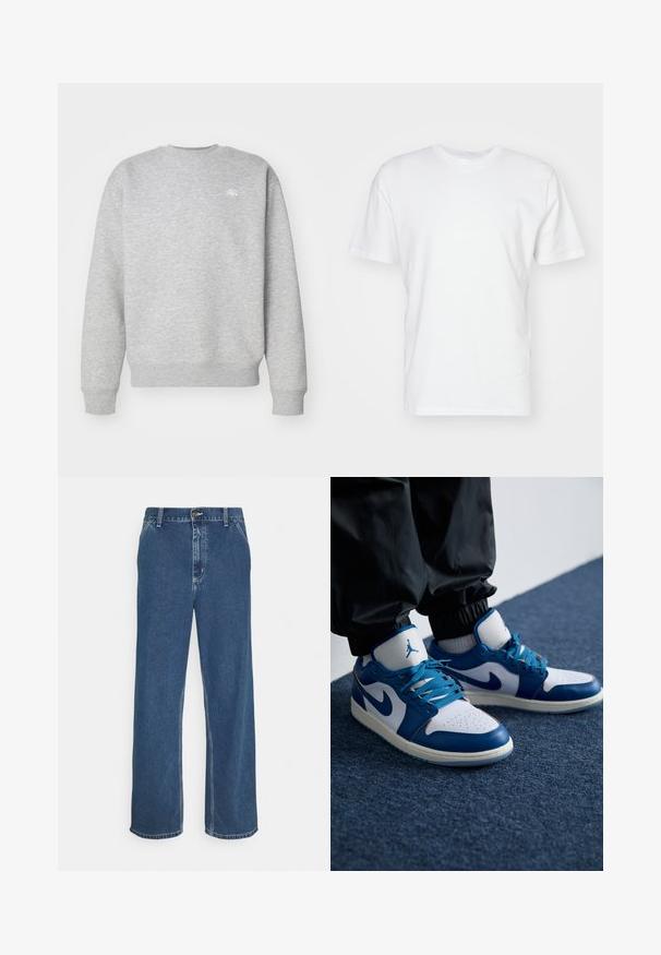 Hallide halliga fliiskangast hall crewneck-sviiter, millel on ribatud varrukasuud ja allääred, ning väikene valge logo rinnal.; Valge puuvillane t-särk lühikeste varrukatega, ümmarguse kaelusega ja siledat tekstuuri. Lihtne disain, ilma mustrite ja graafikateta.; Sinine teksapüksid sirge lõike, viie tasku disaini, metallnõela sulgemise ja nähtava nõelumisega õmbluste ja servade ääres.; Nike Air Jordan tennisijalad on valge nahast alus siniste sünteetiliste detailidega, aukudega varbakoht ja sinised paelad.