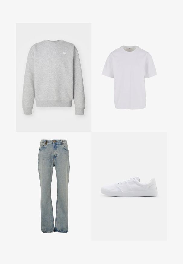 Sudadera gris de cuello redondo hecha de material de felpa, con puños y dobladillo acanalados, y un pequeño logotipo blanco en el pecho.; Camiseta blanca de manga corta hecha de algodón suave, con un cuello redondo y un corte relajado con dobladillo recto. Sin patrones ni acentos visibles.; Vaqueros azul claro de talle alto y pierna recta con botón frontal, cremallera, trabillas y diseño de cinco bolsillos.; Zapatillas de lona blancas con suela de goma, que cuentan con seis ojales, una puntera texturizada y un diseño minimalista.