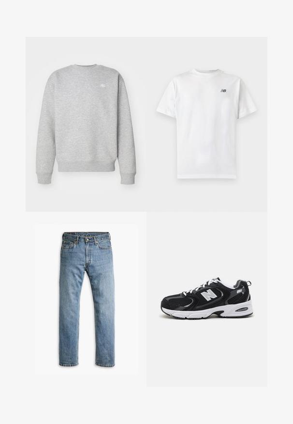 Sudadera gris de cuello redondo hecha de material de felpa, con puños y dobladillo acanalados, y un pequeño logotipo blanco en el pecho.; Camiseta blanca de manga corta con cuello redondo y un pequeño logo negro de New Balance en la parte superior izquierda del pecho sobre un fondo liso y claro.; Jeans de mezclilla azul de pierna recta con cinco bolsillos, pasadores para cinturón y cierre de botón de metal sobre un fondo blanco.; Zapatillas deportivas en negro y gris con parte superior de malla y ante, que cuentan con una entresuela blanca, cordones y un llamativo logo "N" en el lateral.