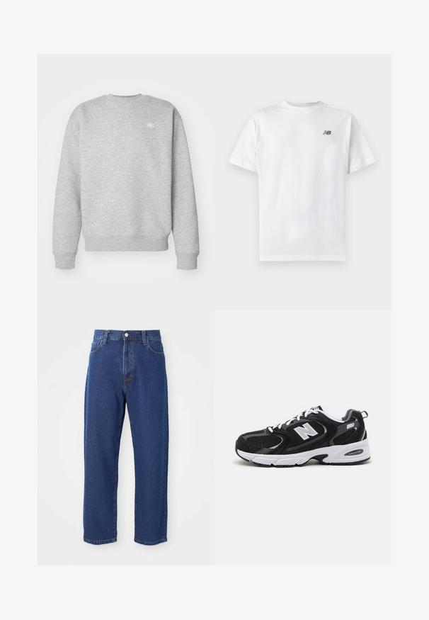 Grijze sweatshirt met ronde hals, gemaakt van fleece, voorzien van ribgebreide boorden en onderrand, met een klein wit logo op de borst.; Witte T-shirt met korte mouwen en ronde hals met een klein zwart New Balance-logo op de linker bovenkant van de borst op een effen lichte achtergrond.; Hoge taille blauwe jeans van denim, met een rechte pijp silhouet, zichtbare stiksels en een sluiting met een voorknoop.; Zwarte en grijze sport schoenen met een bovenwerk van mesh en suede, voorzien van een witte tussenzool, veters en een gedurfde "N"-logo aan de zijkant.