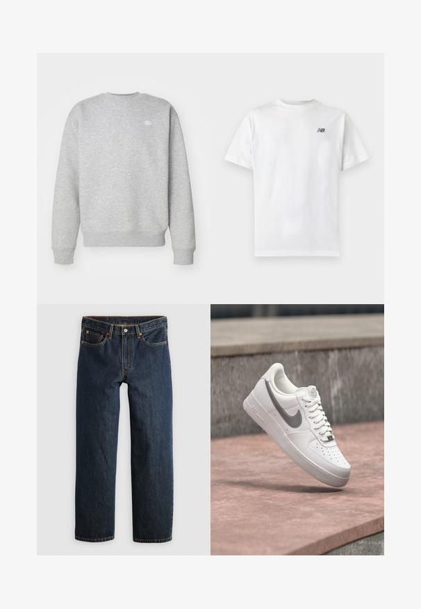 Hallide halliga fliiskangast hall crewneck-sviiter, millel on ribatud varrukasuud ja allääred, ning väikene valge logo rinnal.; Valge lühikeste varrukatega ümara kaelusega T-särk, mille vasaku rinna ülaosas on väike must New Balance'i logo, helel, ühevärvilisel taustal.; Tumesinised teksapüksid sirge lõikega. Omavad viit taskut, kontrastset õmblust ning taljes nööpkinnitust.; Valge Nike Air Force 1 toss hallika Nike logoga, hõljumas kivil pinnal ja halli kivitahvli taustal.