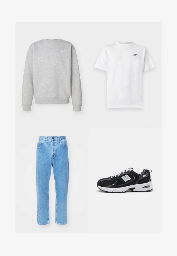 Grå crewneck sweatshirt lavet af fleece-materiale, med ribbede manchetter og kant, samt et lille hvidt logo på brystet.; Hvid t-shirt med korte ærmer og rund halsudskæring med et lille sort New Balance-logo på øverste venstre bryst på en ensartet lys baggrund.; Lyseblå denimjeans har en lige ben-design, fem lommer og en klassisk knaplukning i taljen.; Sorte og grå sportssko med mesh og ruskind på overdelen, der har en hvid mellemsål, snørebånd og et iøjnefaldende "N" logo på siden.