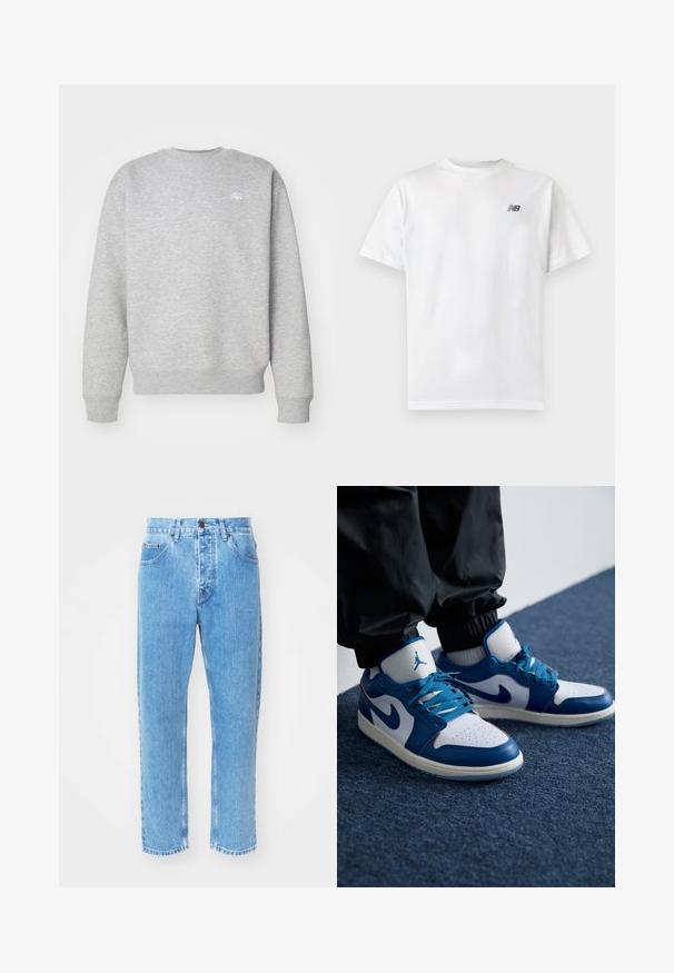 Hallide halliga fliiskangast hall crewneck-sviiter, millel on ribatud varrukasuud ja allääred, ning väikene valge logo rinnal.; Valge lühikeste varrukatega ümara kaelusega T-särk, mille vasaku rinna ülaosas on väike must New Balance'i logo, helel, ühevärvilisel taustal.; Heledad sinine teksaseljas on sirge sääre disain, viis taskut ja klassikaline nööbid sulgemine vöökoha juures.; Nike Air Jordan tennisijalad on valge nahast alus siniste sünteetiliste detailidega, aukudega varbakoht ja sinised paelad.