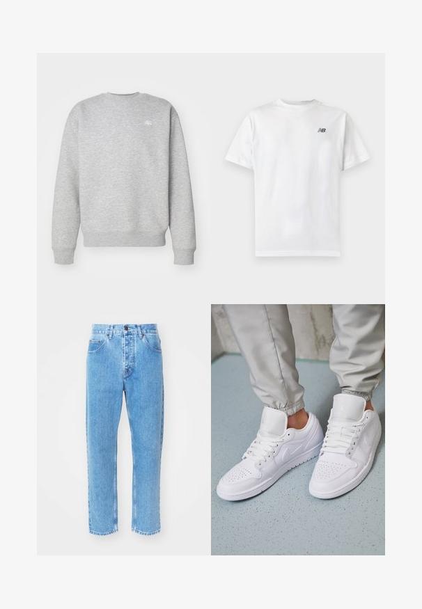 Sudadera gris de cuello redondo hecha de material de felpa, con puños y dobladillo acanalados, y un pequeño logotipo blanco en el pecho.; Camiseta blanca de manga corta con cuello redondo y un pequeño logo negro de New Balance en la parte superior izquierda del pecho sobre un fondo liso y claro.; Los vaqueros de mezclilla azul claro presentan un diseño de pierna recta, cinco bolsillos y un clásico cierre de botón en la cintura.; Las zapatillas deportivas de cuero blanco cuentan con una caja de dedos perforada, cordones planos, un cuello acolchado y el logo de Jordan en la lengüeta. Las llevan puestas con pantalones joggers grises.