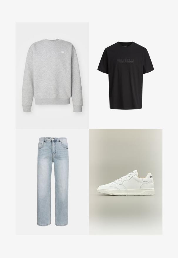 Grå crewneck sweatshirt lavet af fleece-materiale, med ribbede manchetter og kant, samt et lille hvidt logo på brystet.; Sort T-shirt med korte ærmer og diskret tekst på brystet, hvor der står "Nineteen Ninety Originals, brought to you by Jack & Jones."; Lyseblå jeans med lige ben, forlommer, knaplukning og diskret falming på lår og knæ.; Hvid lavtop-sneakers med snørelukning, glat læderoverdel og mærket detalje på hælen, vist mod en neutral baggrund.