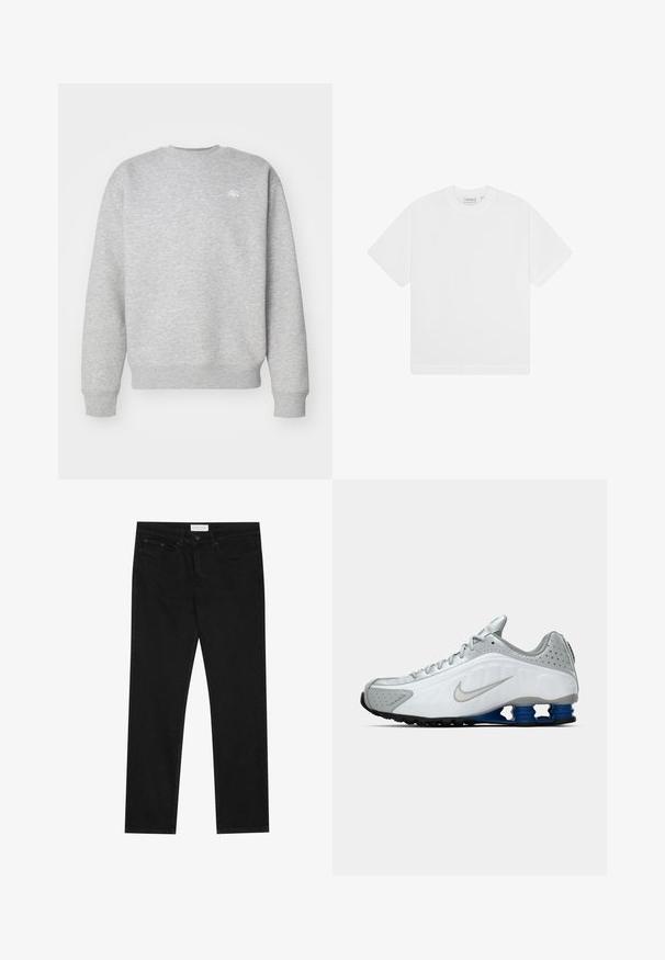 Grijze sweatshirt met ronde hals, gemaakt van fleece, voorzien van ribgebreide boorden en onderrand, met een klein wit logo op de borst.; Wit katoenen t-shirt met een ronde hals, korte mouwen en een losse pasvorm. Gladde textuur, minimalistisch ontwerp, geen zichtbare patronen of accenten.; Zwarte straight-leg jeans met een vijf-pocket ontwerp, knoop- en ritssluiting, en een Pier One merklabel op de tailleband.; Witte en grijze Nike hardloopschoen met zilveren swoosh, blauwe veerachtige zoolunits en zwarte loopvlakken op een effen achtergrond.