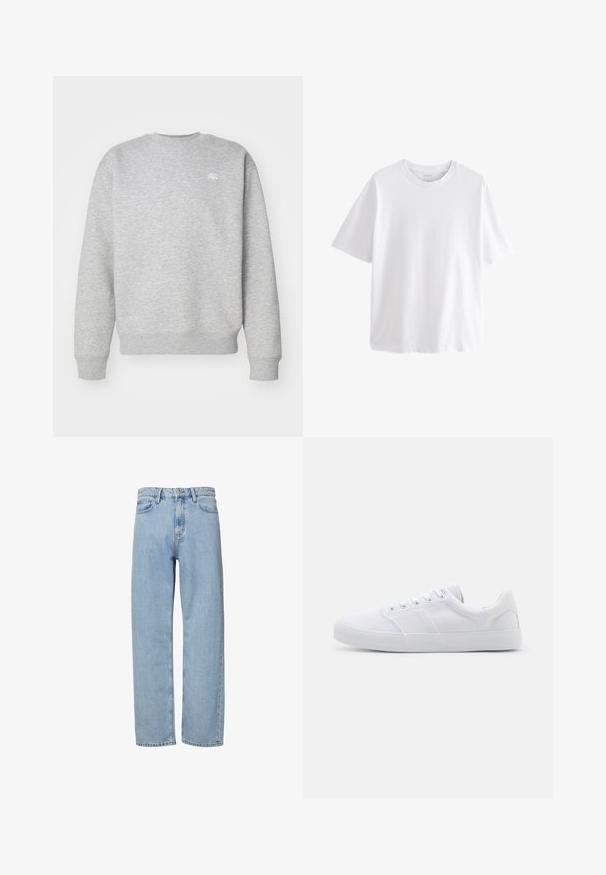 Grijze sweatshirt met ronde hals, gemaakt van fleece, voorzien van ribgebreide boorden en onderrand, met een klein wit logo op de borst.; Effen witte T-shirt met korte mouwen en ronde hals met een ontspannen pasvorm op een witte achtergrond.; Lichtblauwe rechte spijkerbroek van denim, met een hoge taille, een vijf-pocketdesign en subtiele stikseldetails op de naden.; Witte canvas sneakers met een rubberen zool, voorzien van zes oogjes, een gestructureerde neuskap en een minimalistisch ontwerp.