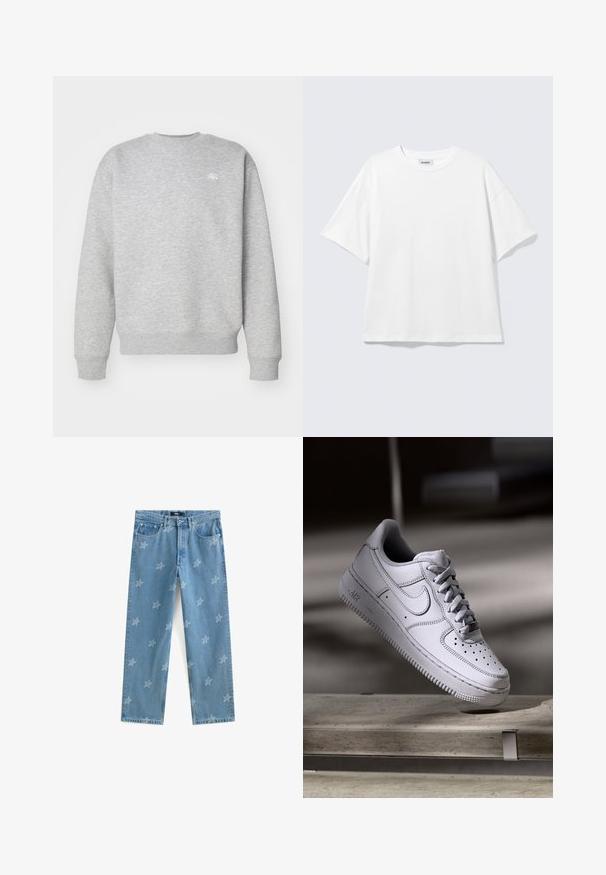 Grijze sweatshirt met ronde hals, gemaakt van fleece, voorzien van ribgebreide boorden en onderrand, met een klein wit logo op de borst.; Witte oversized T-shirt met korte mouwen, ronde hals en verlaagde schouders, plat op een lichtgrijze achtergrond.; Lichtblauwe denim jeans met een sterpatroon in een lichtere tint. Rechte pasvorm met vijf zakken en een knoopsluiting.; Witte Nike Air Force 1 sneaker van leer met geperforeerde neus, platte veters en een gestructureerde rubberen zool met "AIR"-logo aan de zijkant.