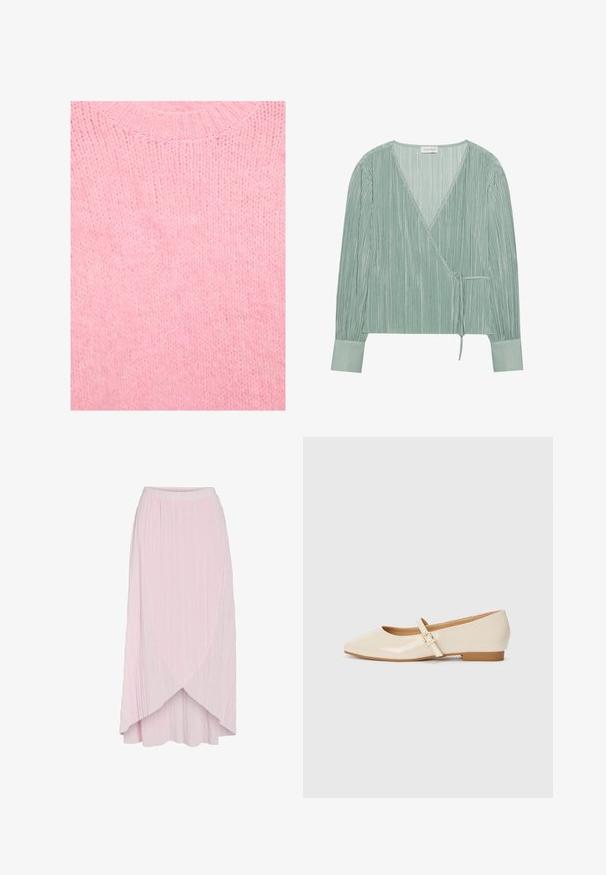 Tissu de pull en tricot rose doux avec une texture duveteuse et un col rond côtelé.; Blouse en wrap vert clair en tissu plissé avec un col en V, des manches longues, et un détail à nouer à la taille. Contient un poignet lisse.; Jupe plissée rose clair avec un ourlet asymétrique et une taille élastique. Texture douce avec des rayures verticales pour une apparence fluide.; Ballerines en cuir verni beige avec un embout carré, un petit talon et une bride ajustable à la cheville avec une boucle dorée.