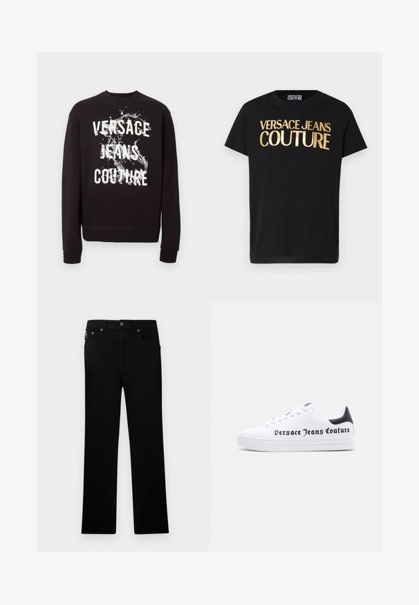 Sweatshirt noir à manches longues avec texte blanc "Versace Jeans Couture" et motif éclaboussure d'eau sur le devant. Poignets et ourlet côtelés.; T-shirt noir à manches courtes avec un large texte métallique doré « Versace Jeans Couture » sur le devant et un col rond.; Jean noir droit avec cinq poches, fermeture par bouton et passants pour ceinture, présenté sur un fond blanc uni.; Baskets basses blanches avec insert noir au talon, design à lacets, et logo "Versace Jeans Couture" imprimé en noir sur le côté.